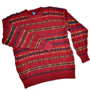 Vintage 90s GAP Grandpa Sweater Dark Pink Fair Isle Stripe Cotton Hong Kong | L